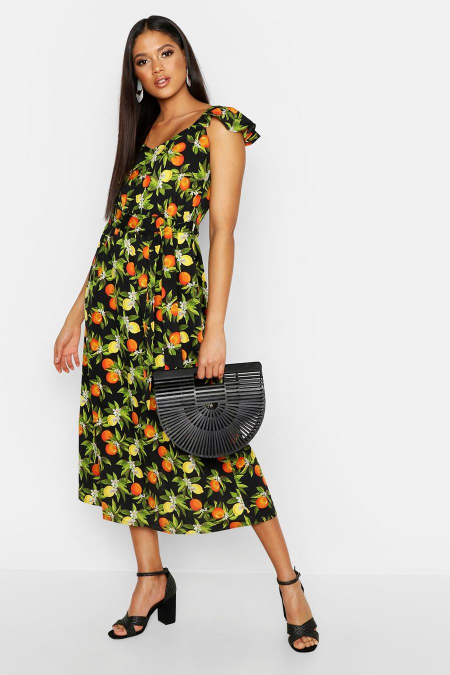 Tall Ruffle Sleeve Belted Fruit Print Midi Dress image number 1