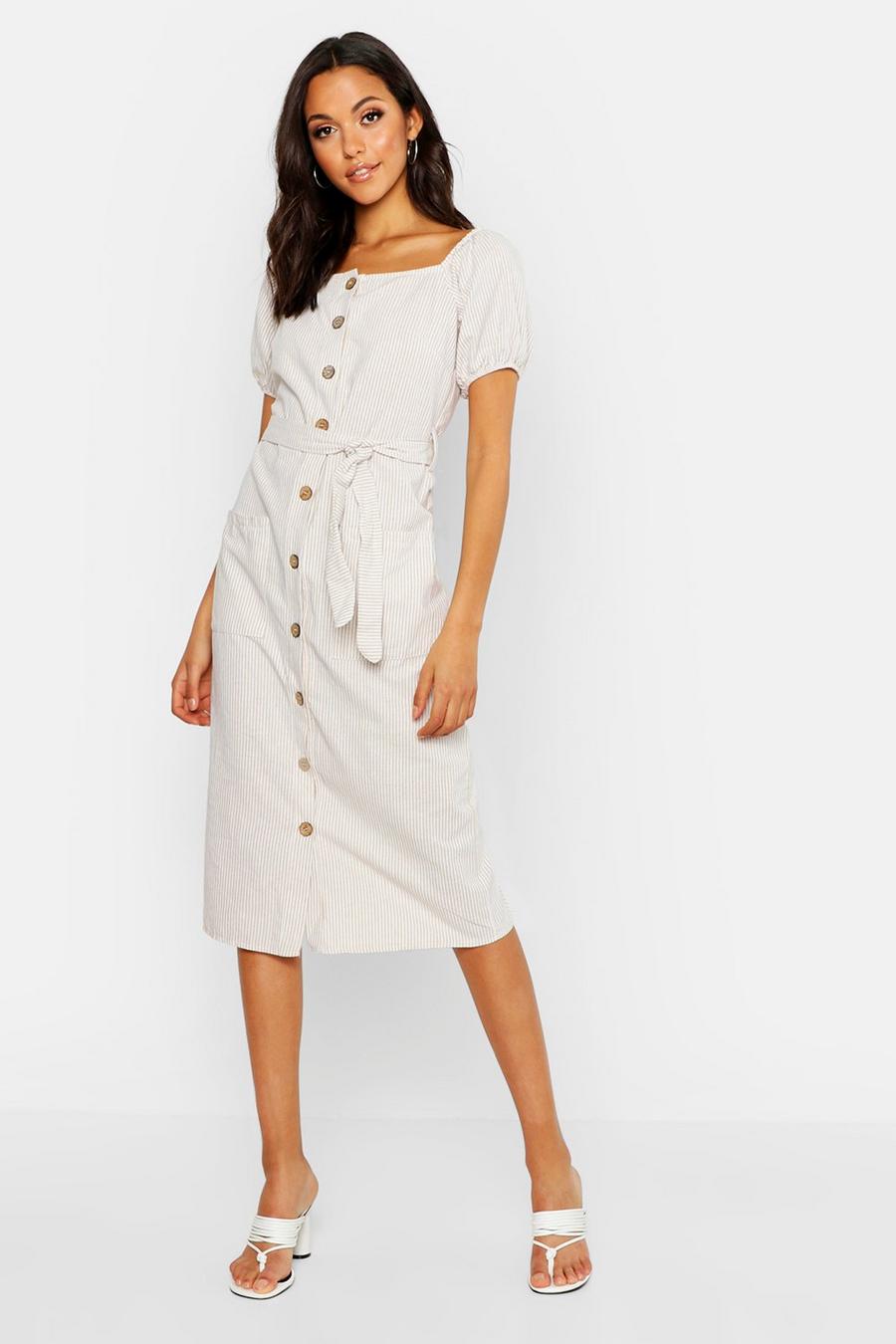 Tall Button Front Stripe Linen Midi Dress image number 1