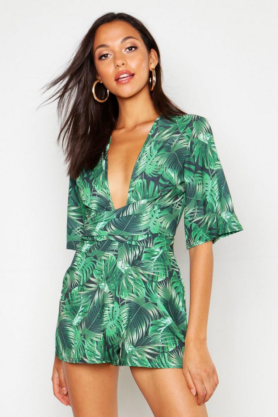Tall Palm Print Tie Front Playsuit image number 1