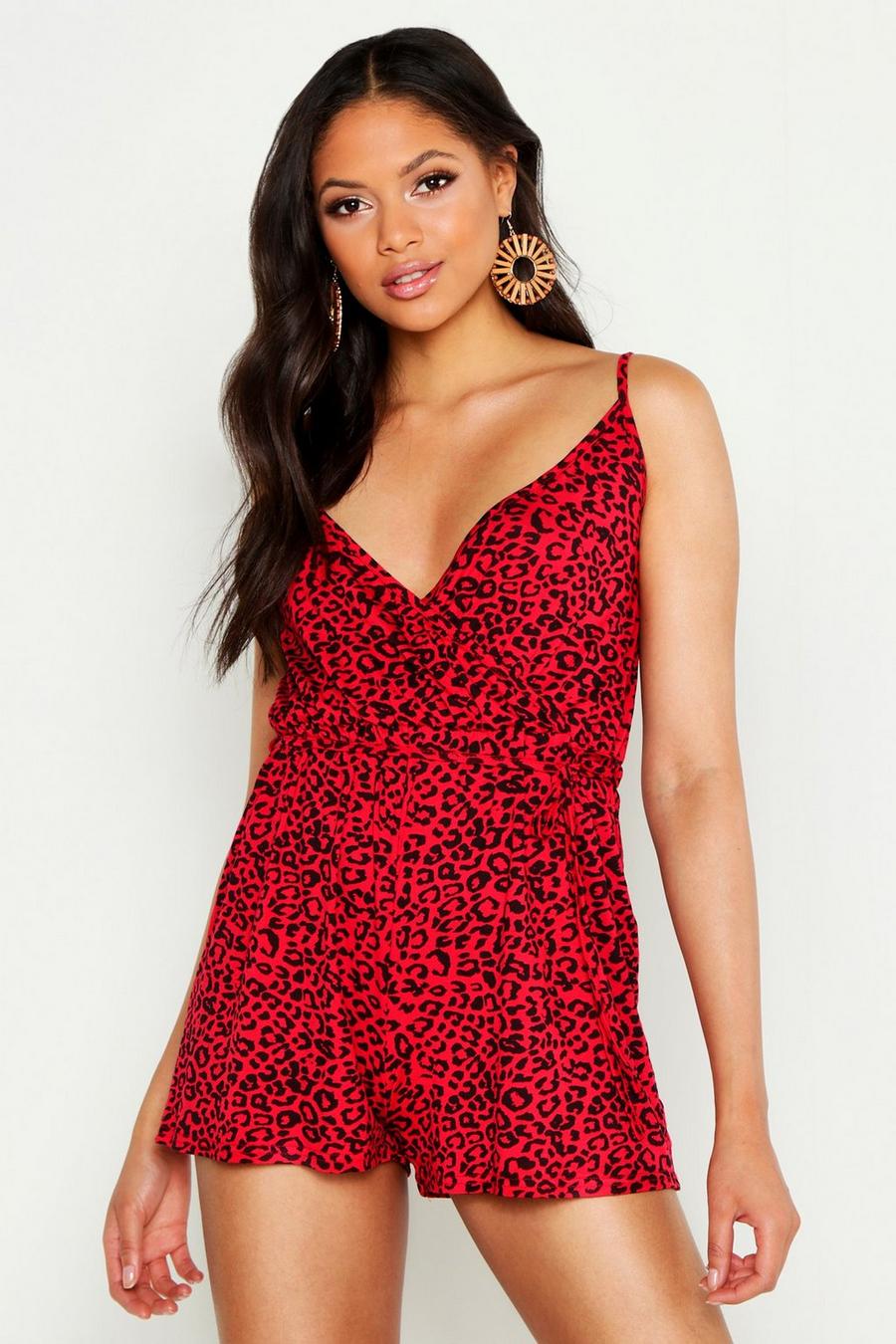 Red röd Tall Leopard Print Wrap Playsuit image number 1