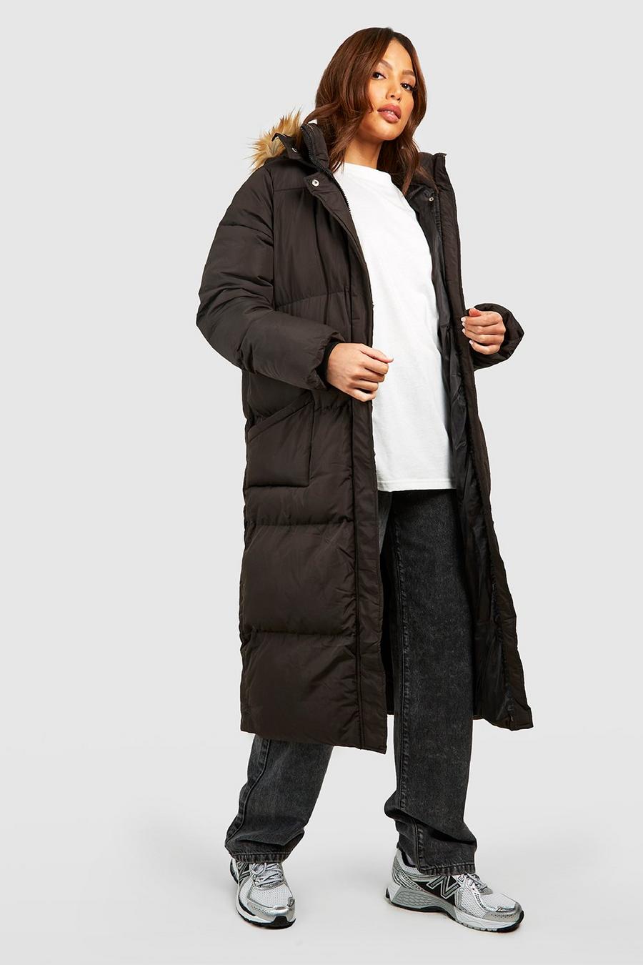 Tall - Manteau matelassé long à capuche en fausse fourrure, Black image number 1
