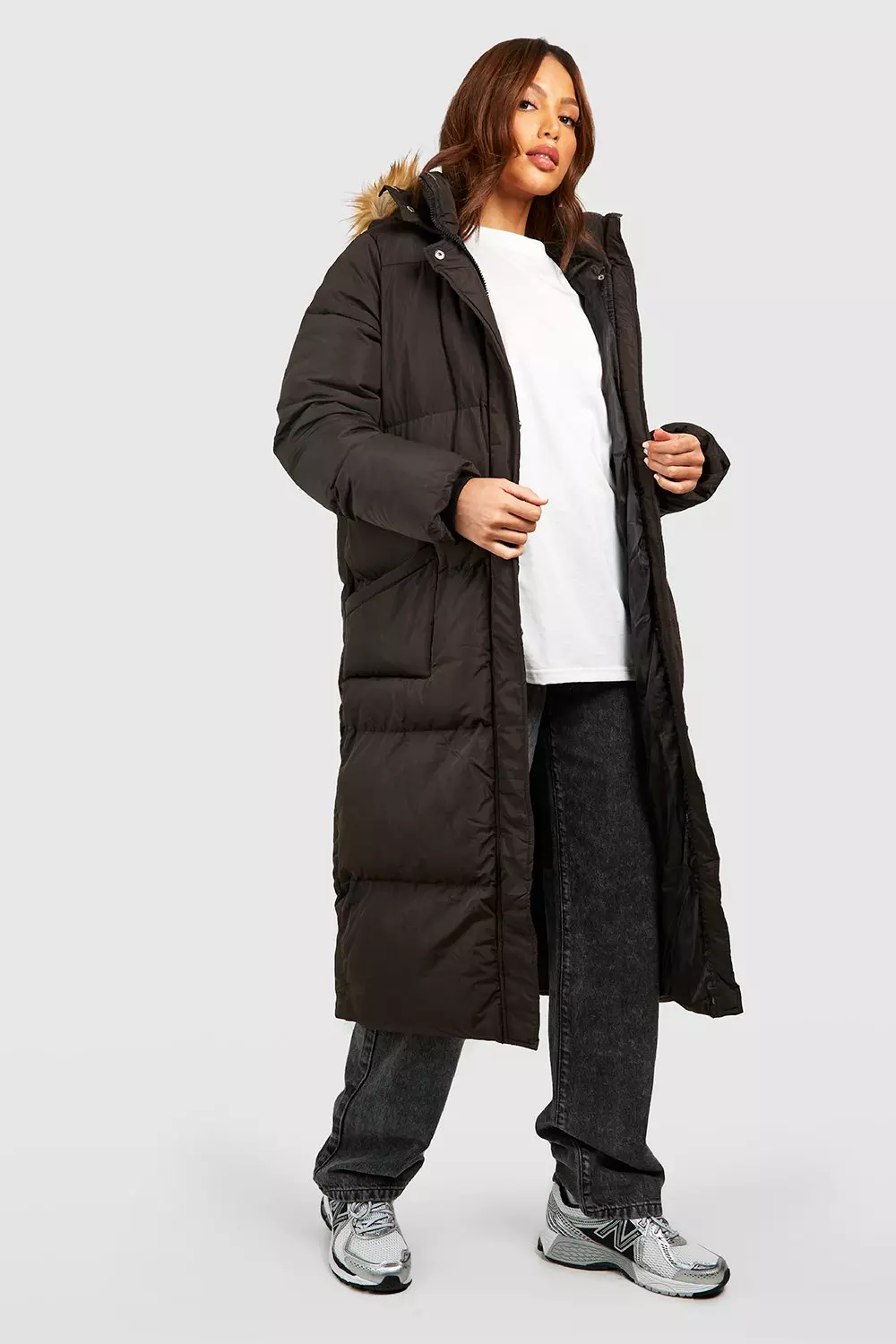 Tall Faux Fur Hood Longline Padded Coat