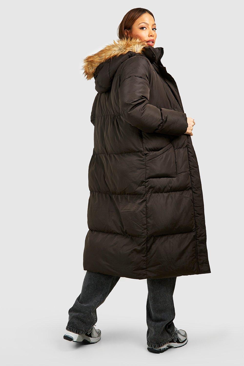 Long quilted coat with fur hood hotsell