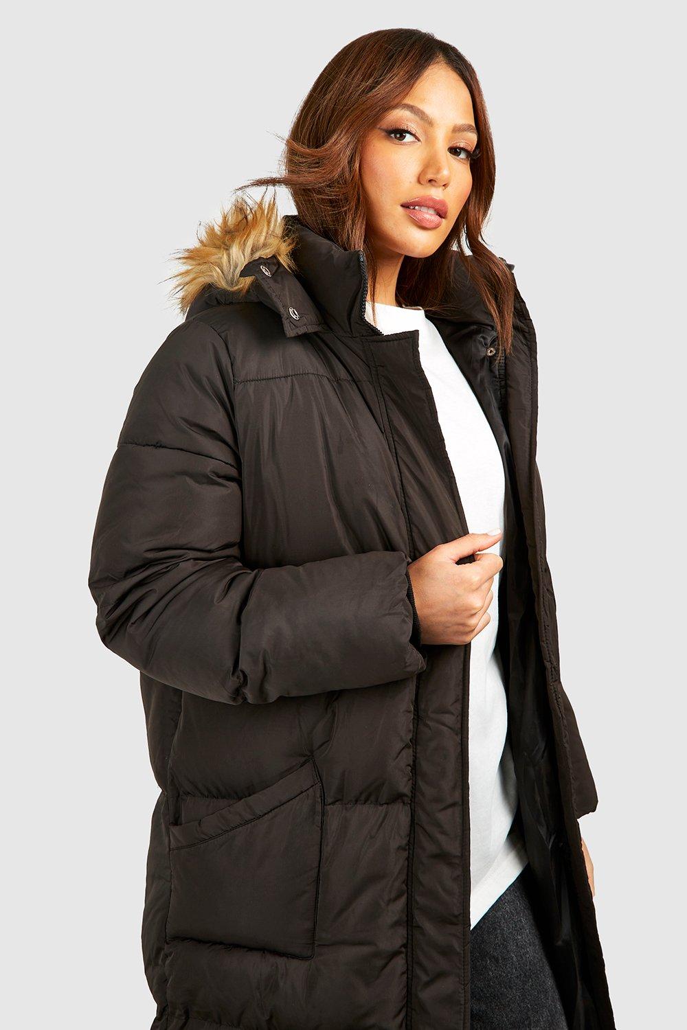 boohoo Tall Faux Fur Hood Longline Padded Coat Black Size 6