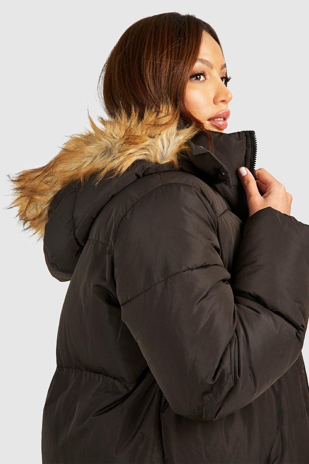 Women jacket black puffer coat faux fur deals hooded long sleeves quilted jacket for winter