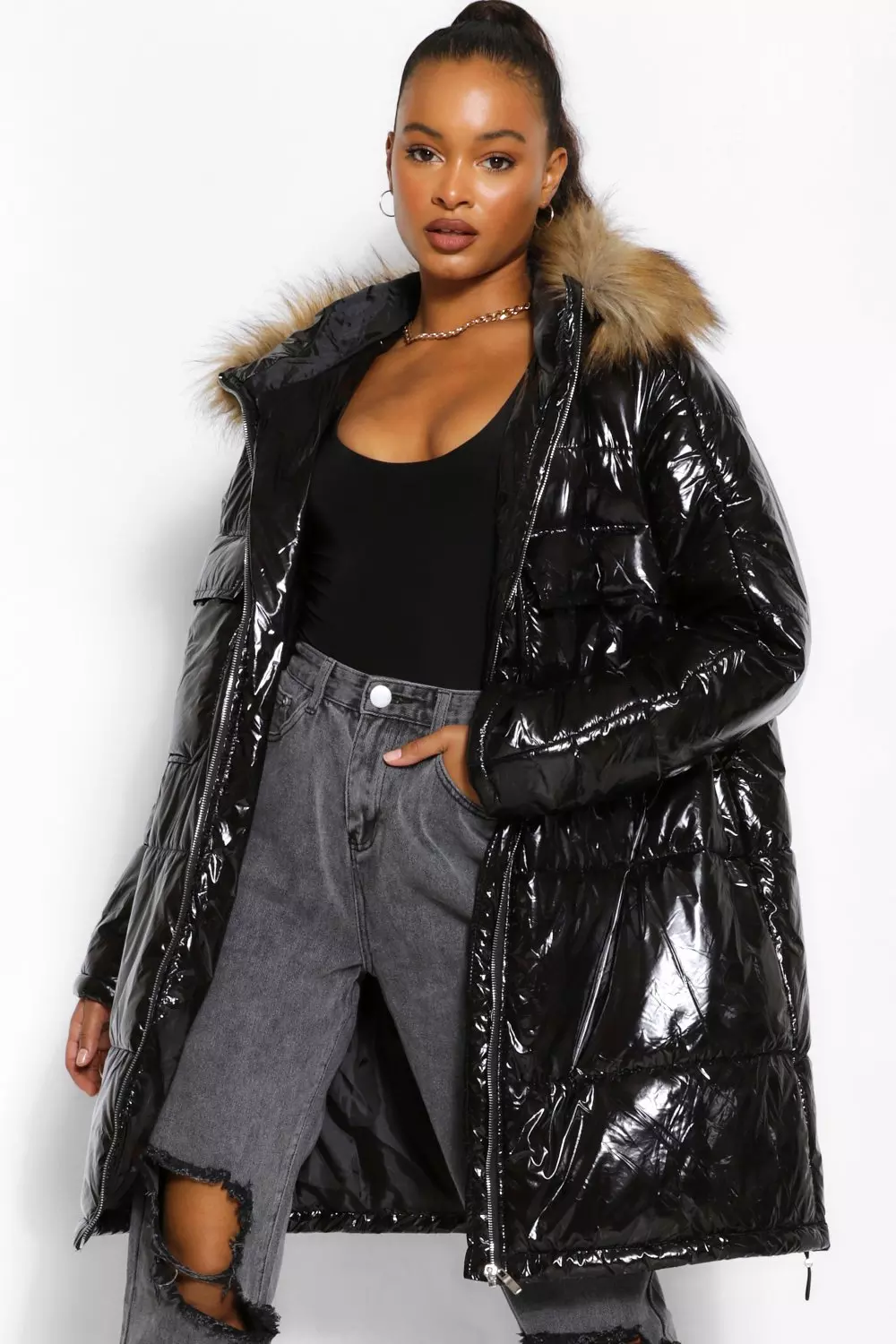 High shine cheap fur hood coat