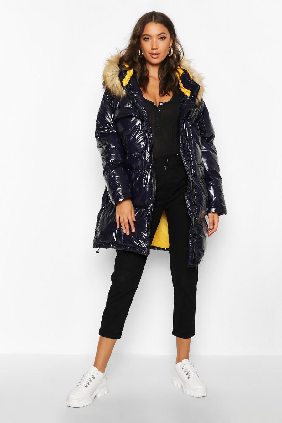 Navy Tall Faux Fur Hood High Shine Padded Coat image number 1