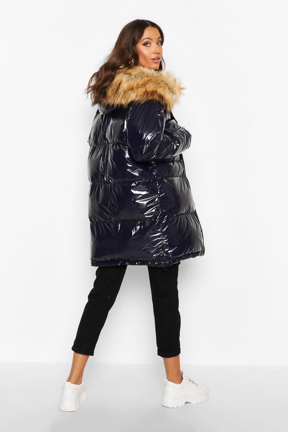 shiny padded coat with fur hood