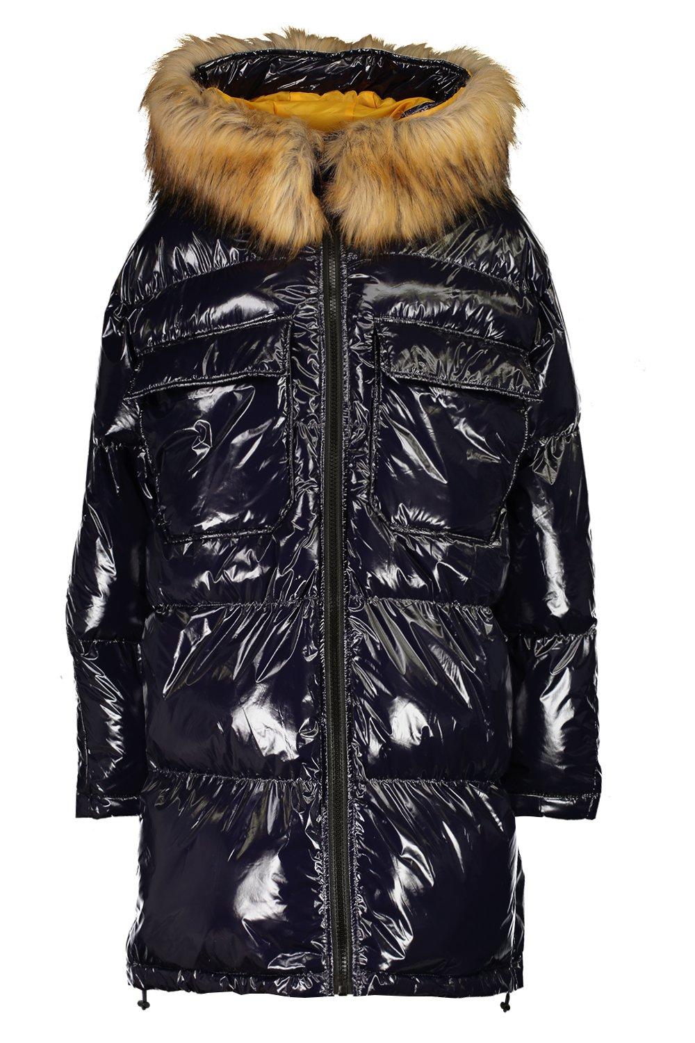 navy padded coat fur hood