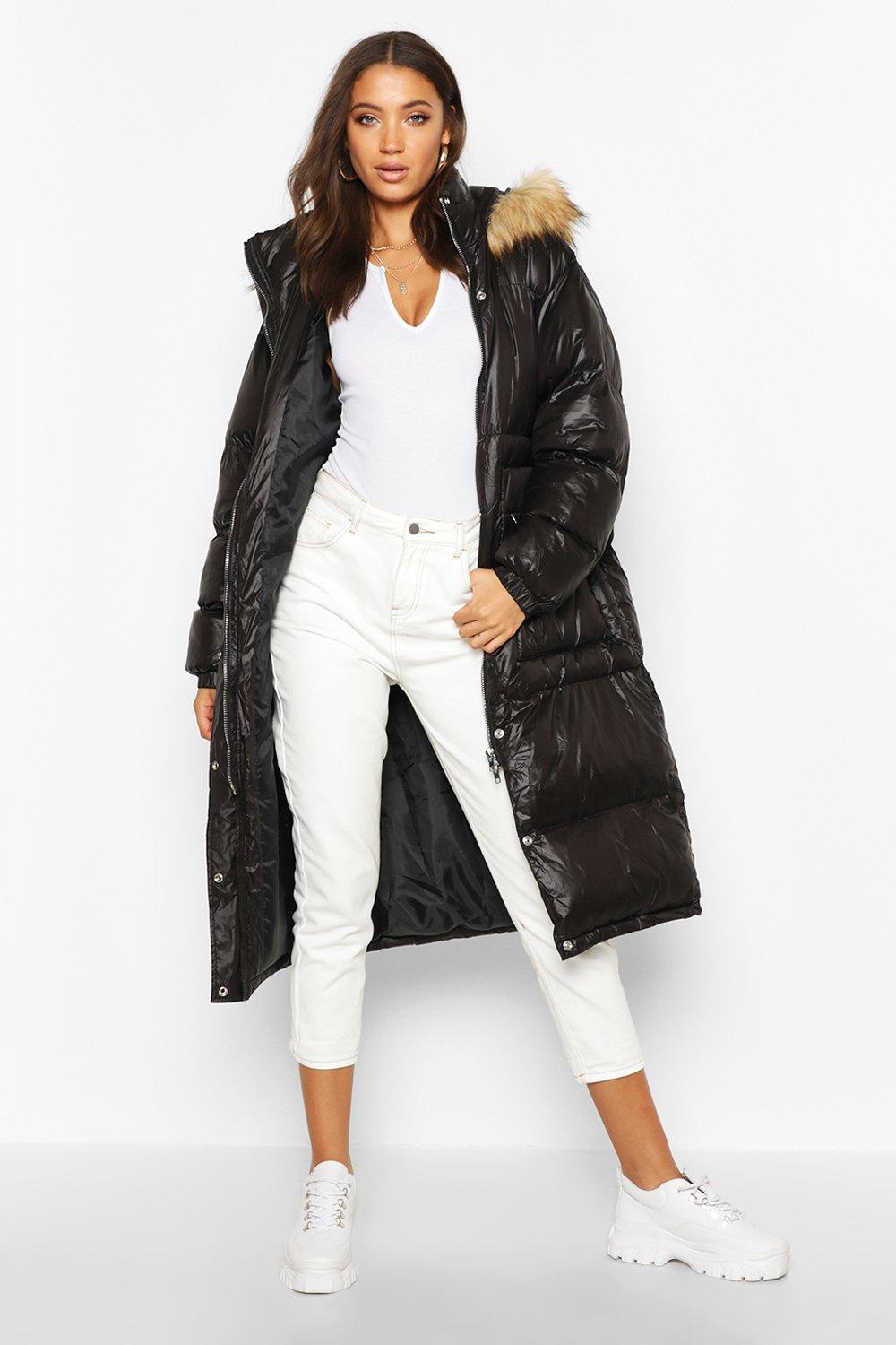 long black quilted coat with fur hood