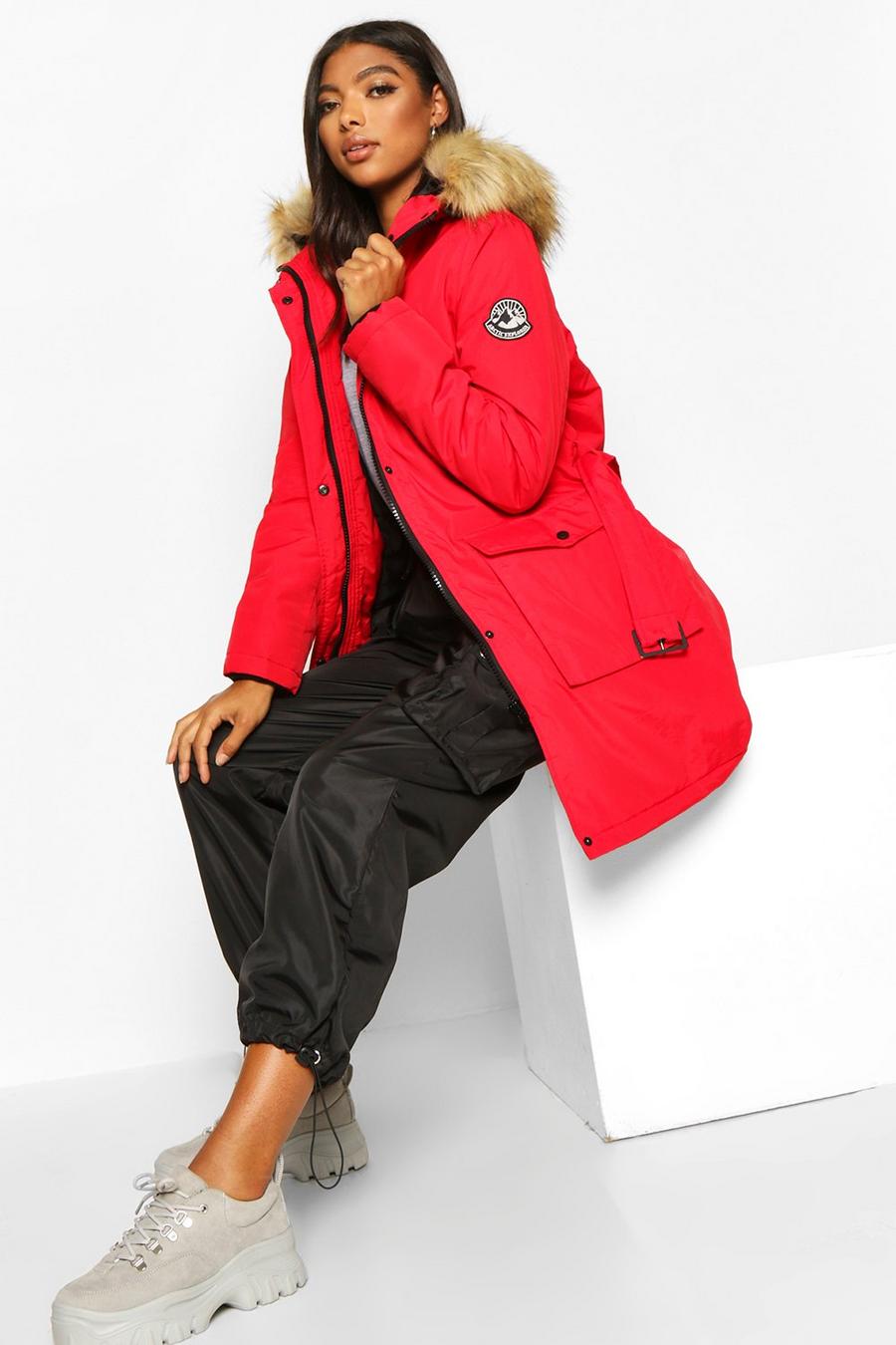 Tall Belted Parka with Faux Fur Trim Hood image number 1
