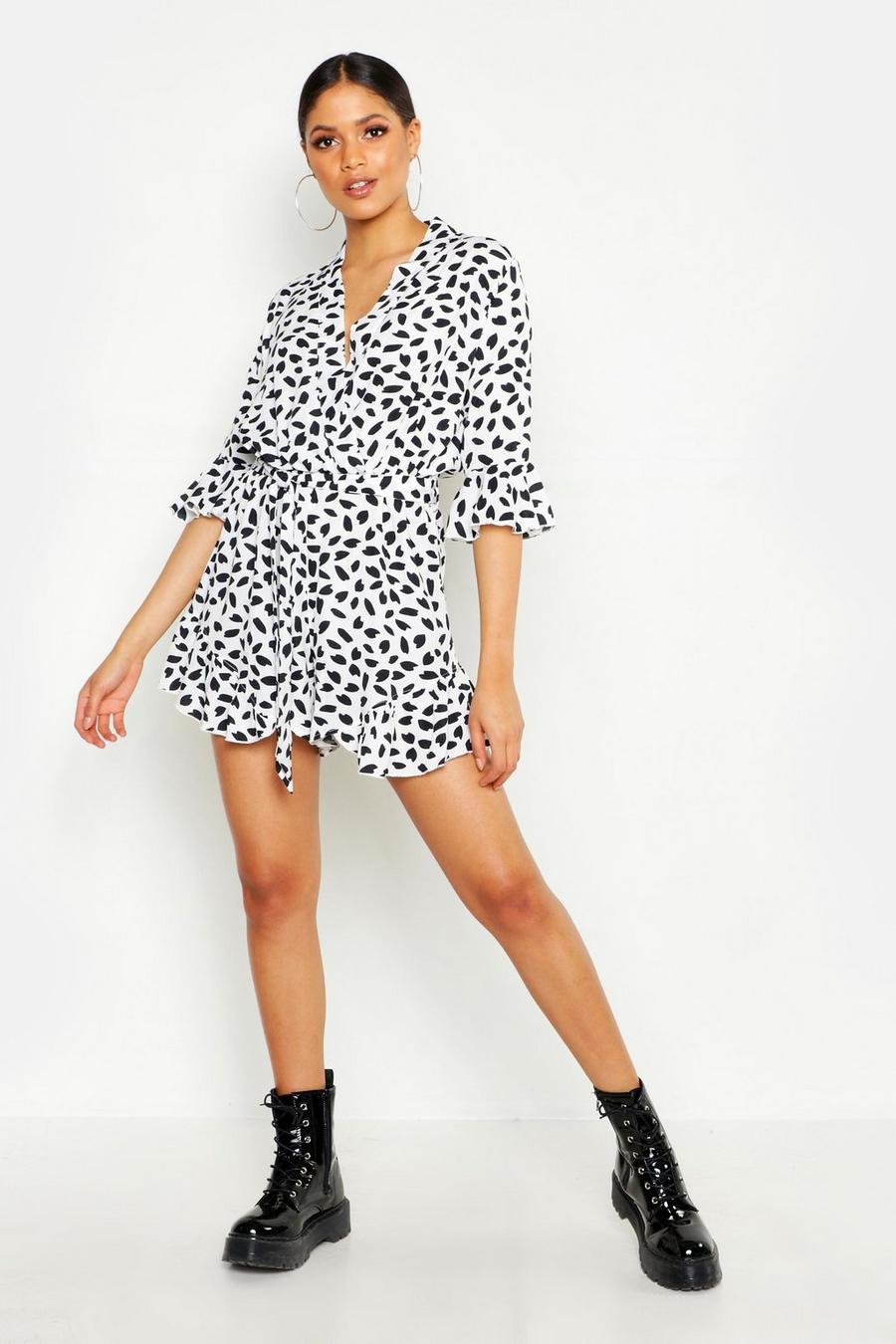Wit Tall Dalmatiërprint Wikkel Playsuit Met Ruches image number 1