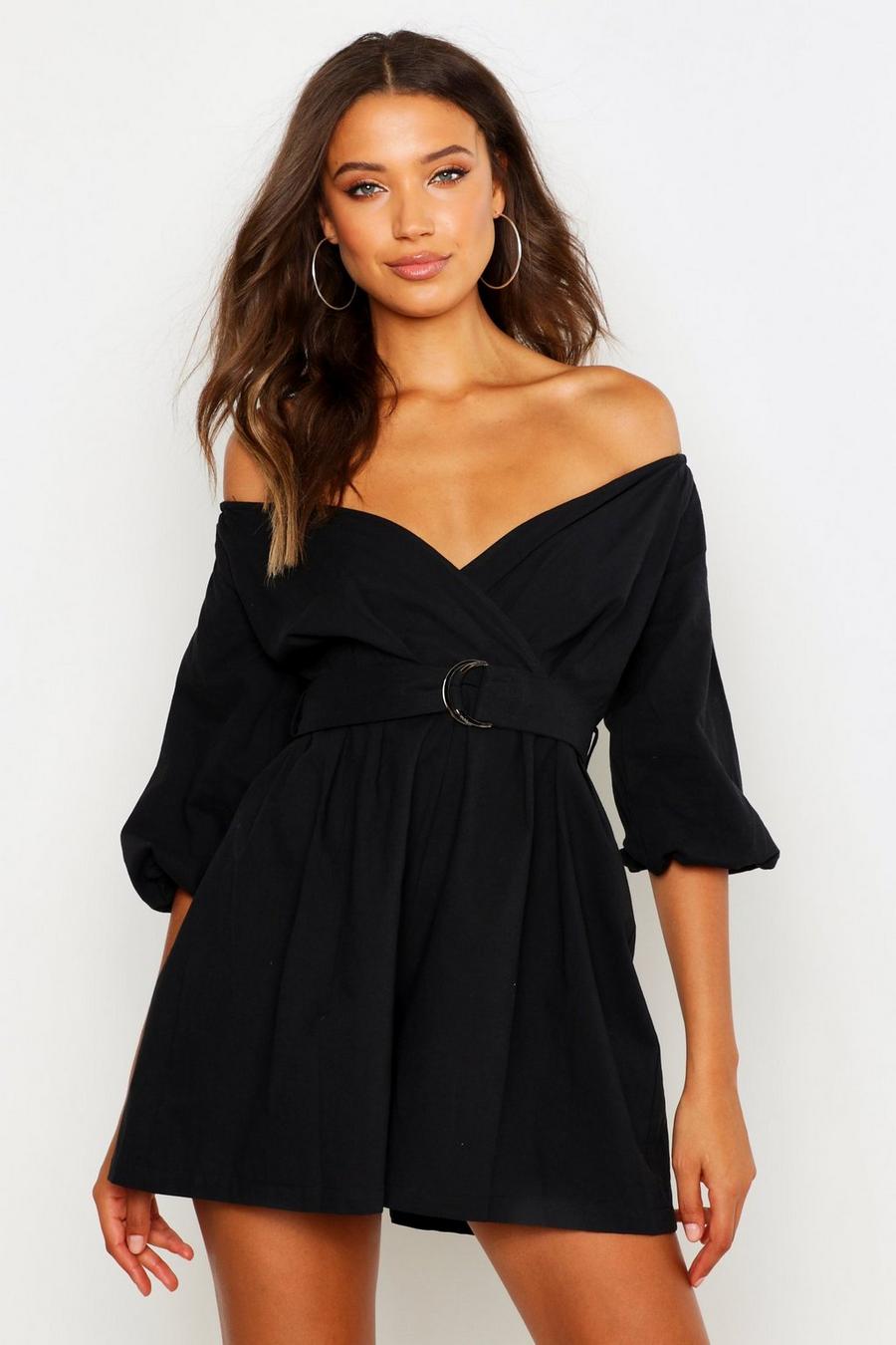 Black Tall Linen Look Mix Bardot Belted Wrap Playsuit image number 1