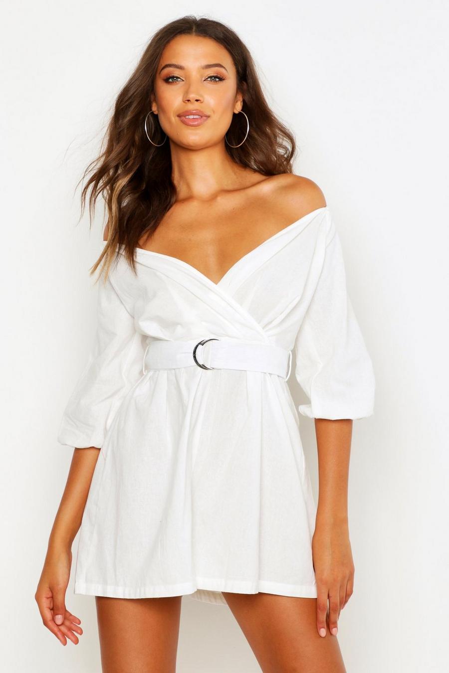 White Tall Linen Look Mix Bardot Belted Wrap Playsuit image number 1