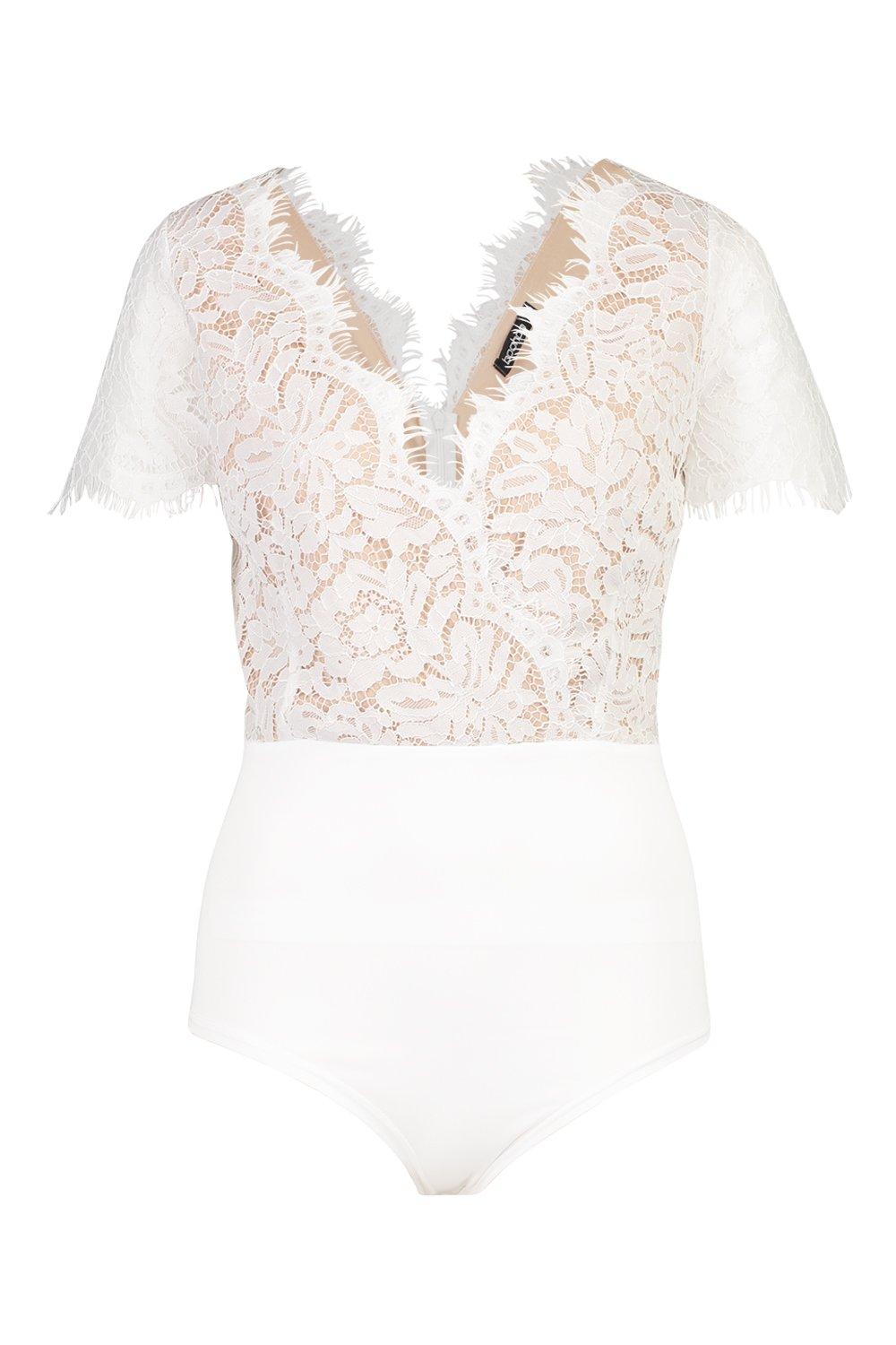 Tall Short Sleeve Eyelash Lace Bodysuit