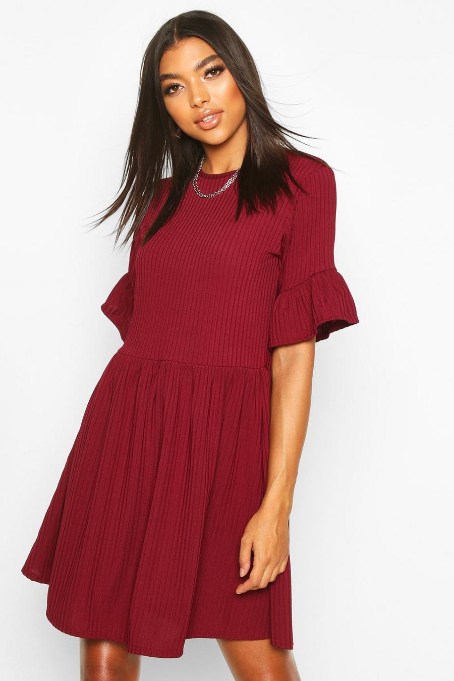 Berry Tall Ribbed Frill Sleeve Smock Dress image number 1
