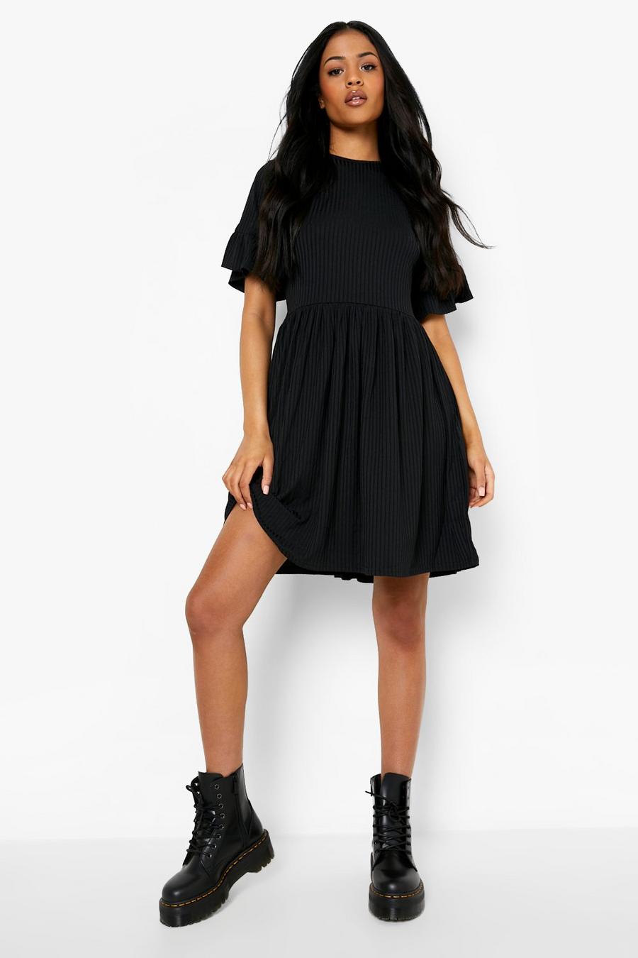 Black Tall Ribbed Frill Sleeve Smock Dress image number 1