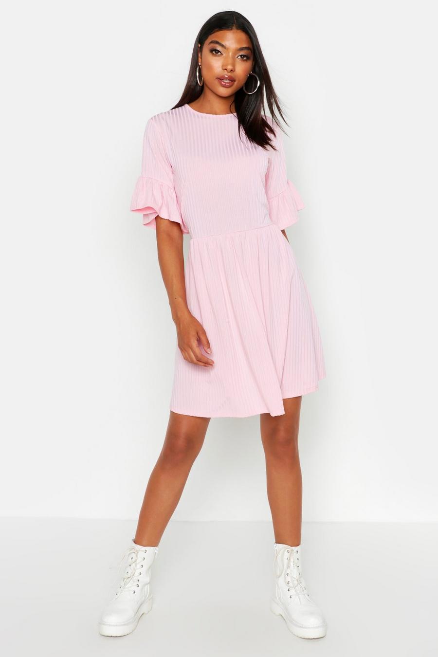 Pastel pink Tall Ribbed Frill Sleeve Smock Dress image number 1