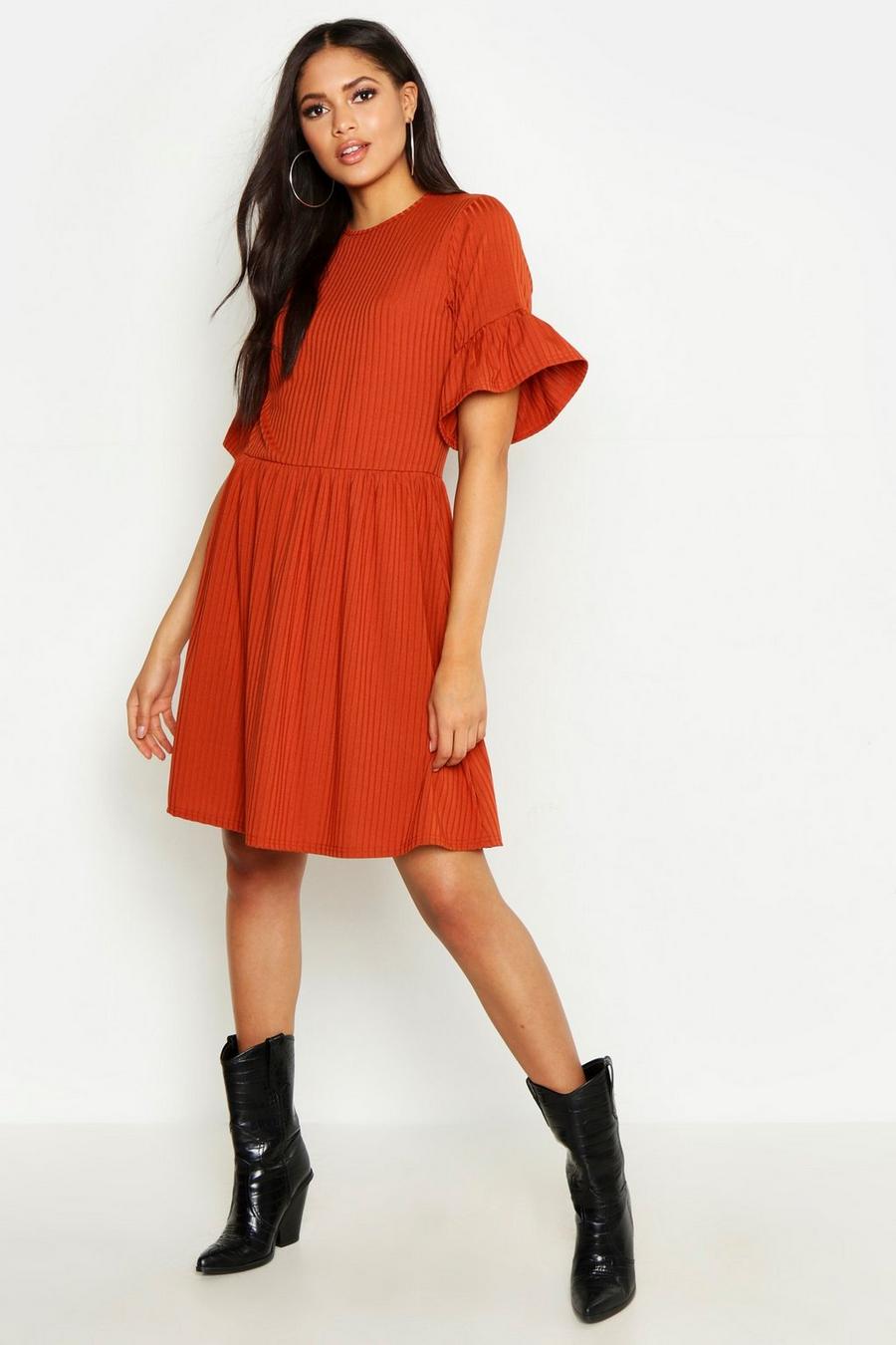 Terracotta Tall Ribbed Frill Sleeve Smock Dress image number 1