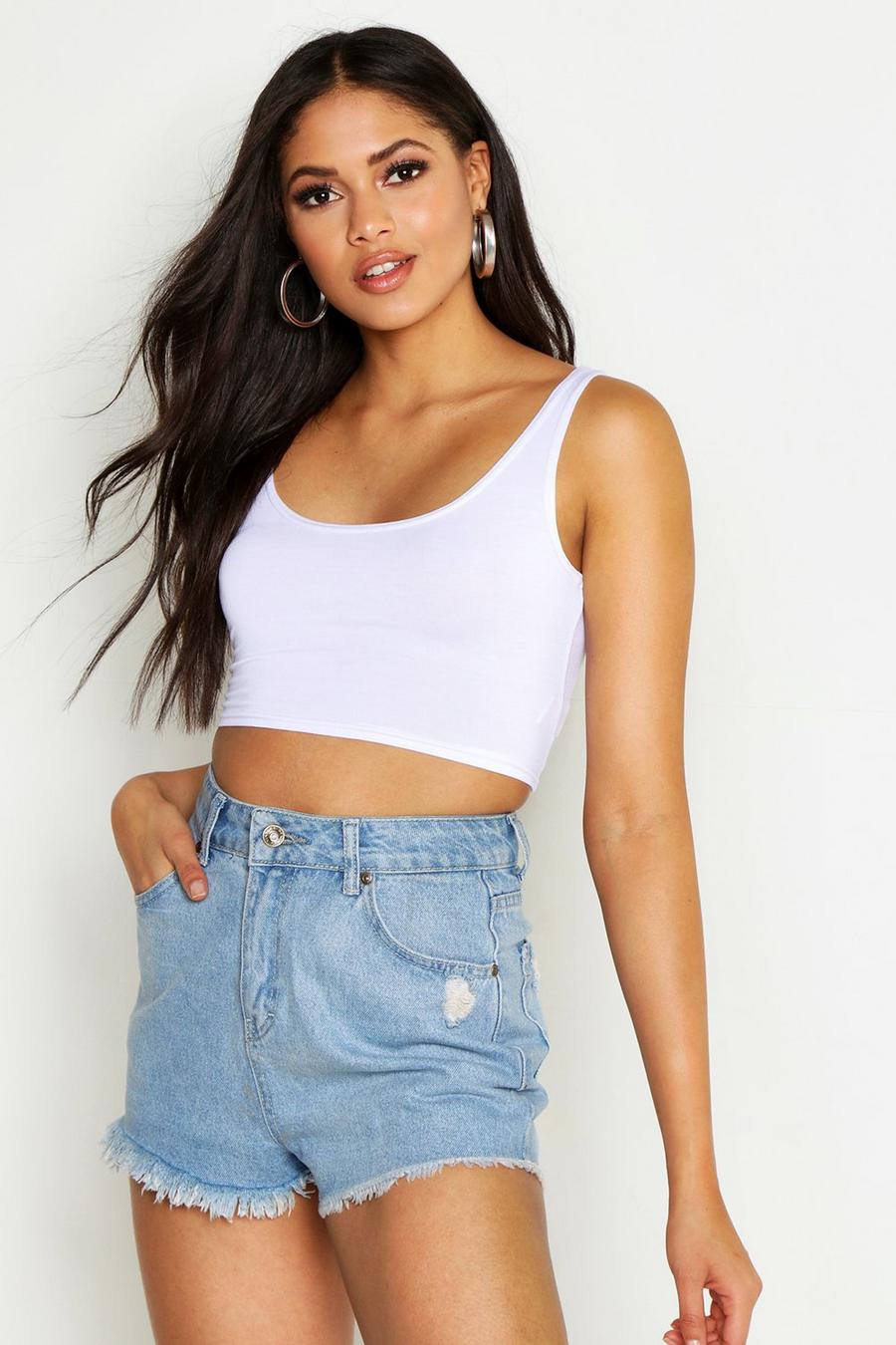 White Tall Basic Scoop Neck Crop Top image number 1