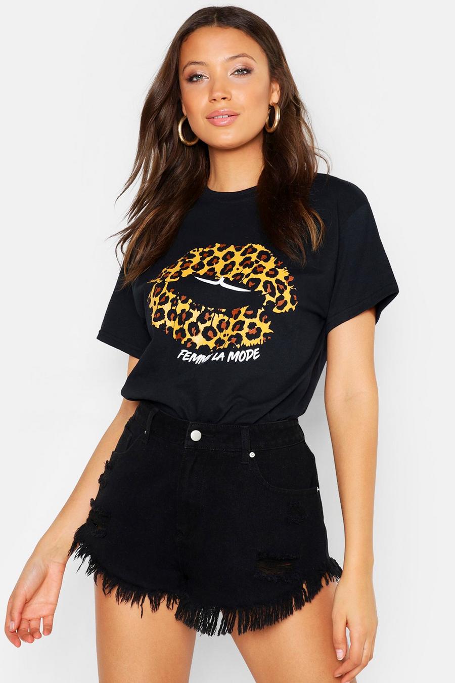 Tall Slogan-T-Shirt mit Lippen-Print mit Leopardenmuster, Schwarz image number 1