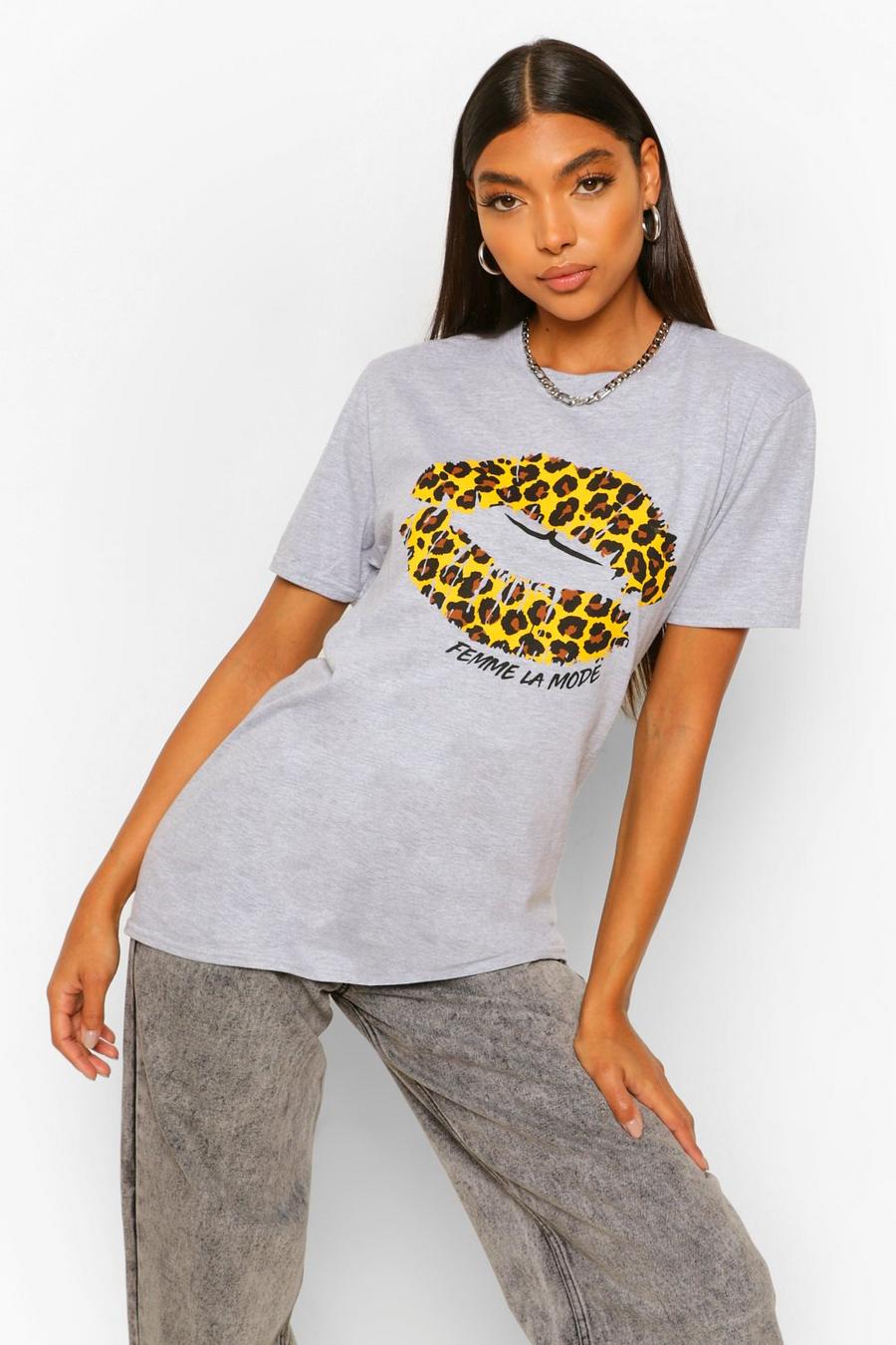 Tall Slogan-T-Shirt mit Lippen-Print mit Leopardenmuster, Grey image number 1