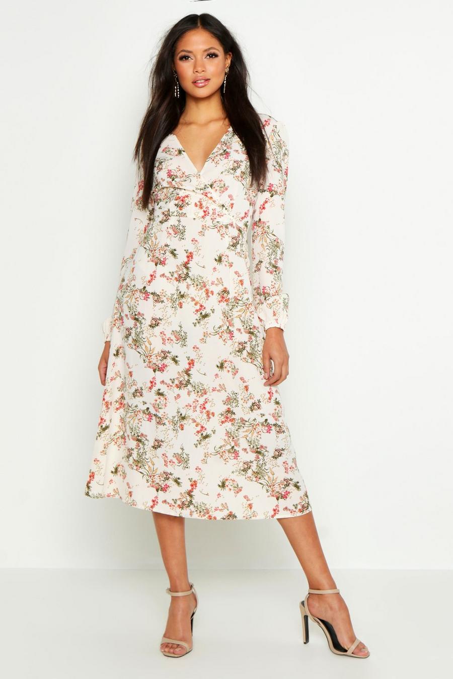 Ivory Tall Floral Print Wrap Midi Dress image number 1