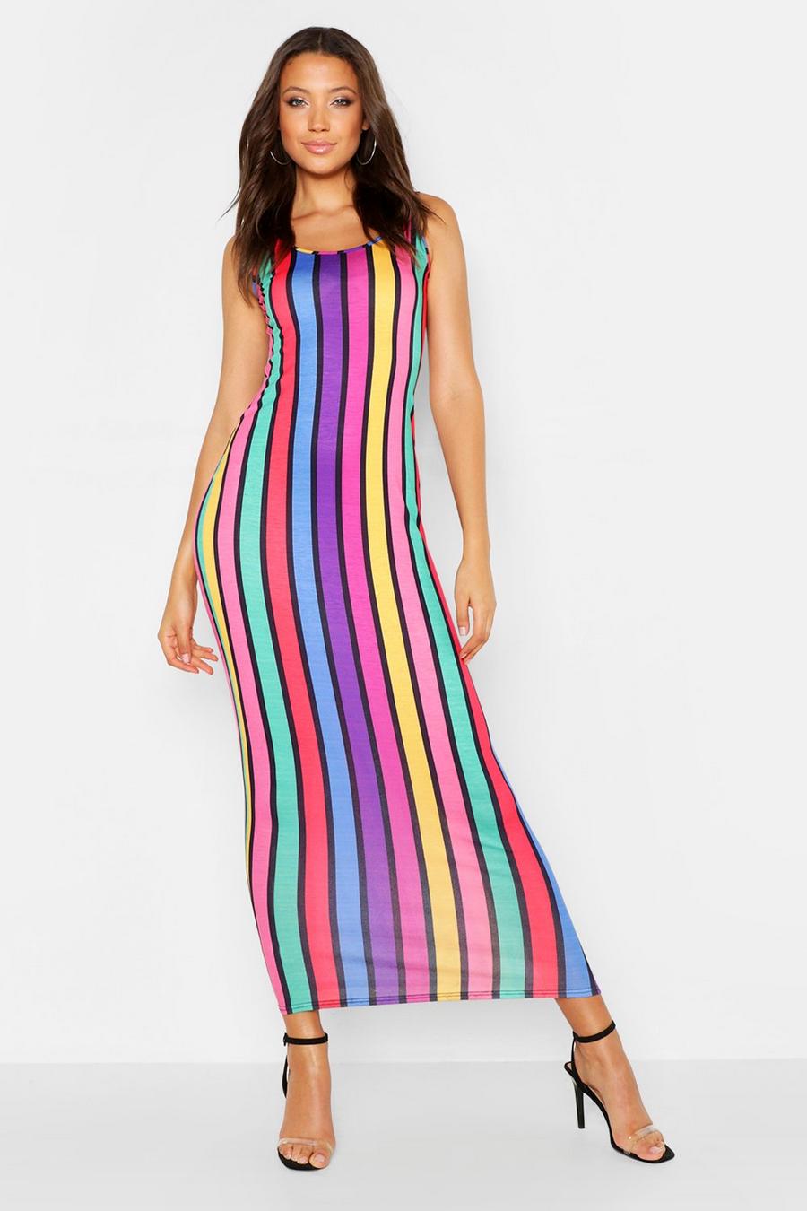 Red Tall Rainbow Stripe Maxi Dress image number 1