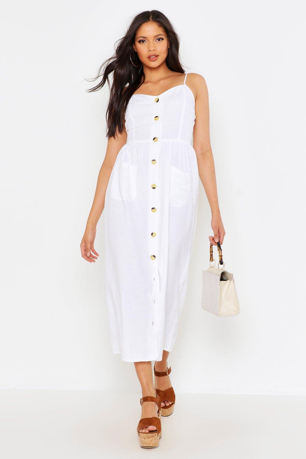 white button through midi dress