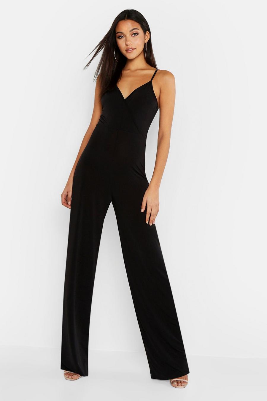 Tall Culottes-Jumpsuit aus glänzendem Jersey in Wickeldesign, Schwarz image number 1