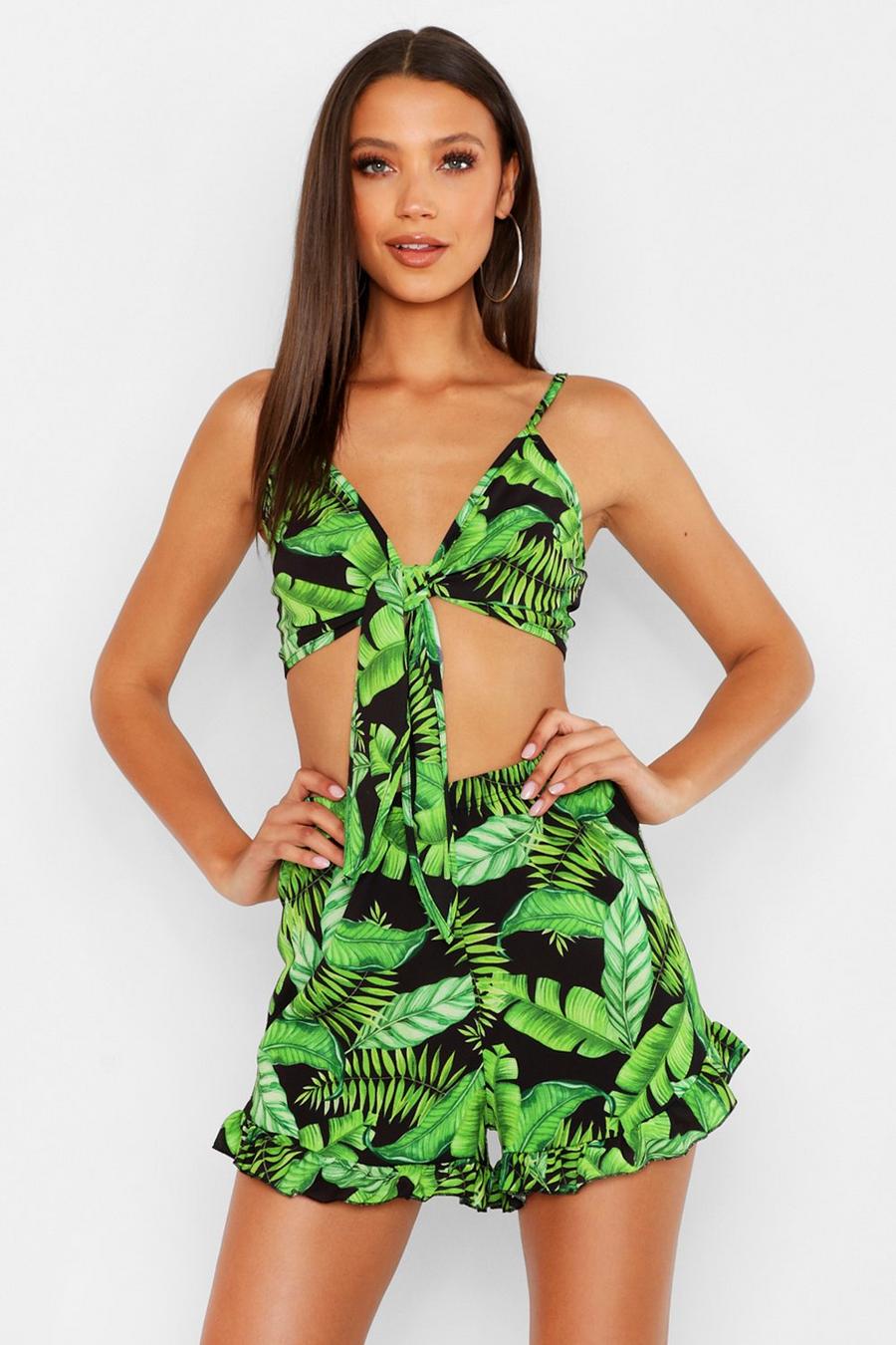 Tall Leaf Print Tie Front Shorts Co-Ord image number 1