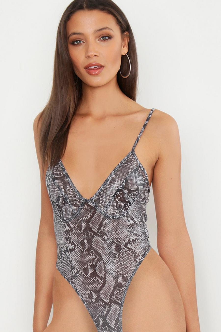 Tall Cup Detail Snake Print Mesh Bodysuit image number 1