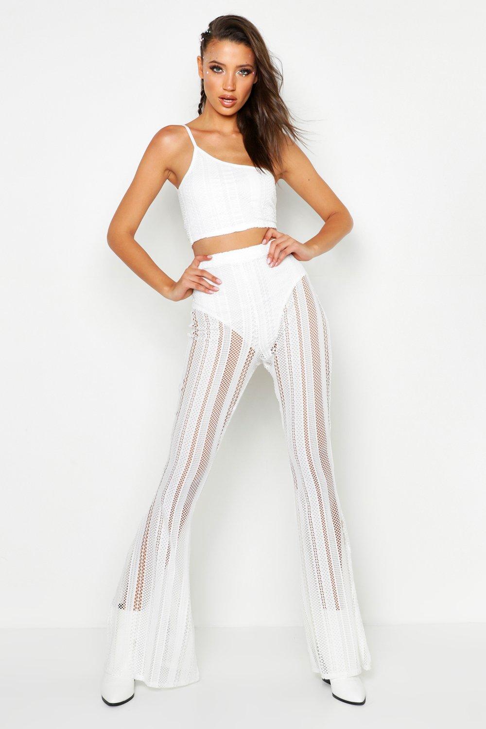 White fishnet flare store pants