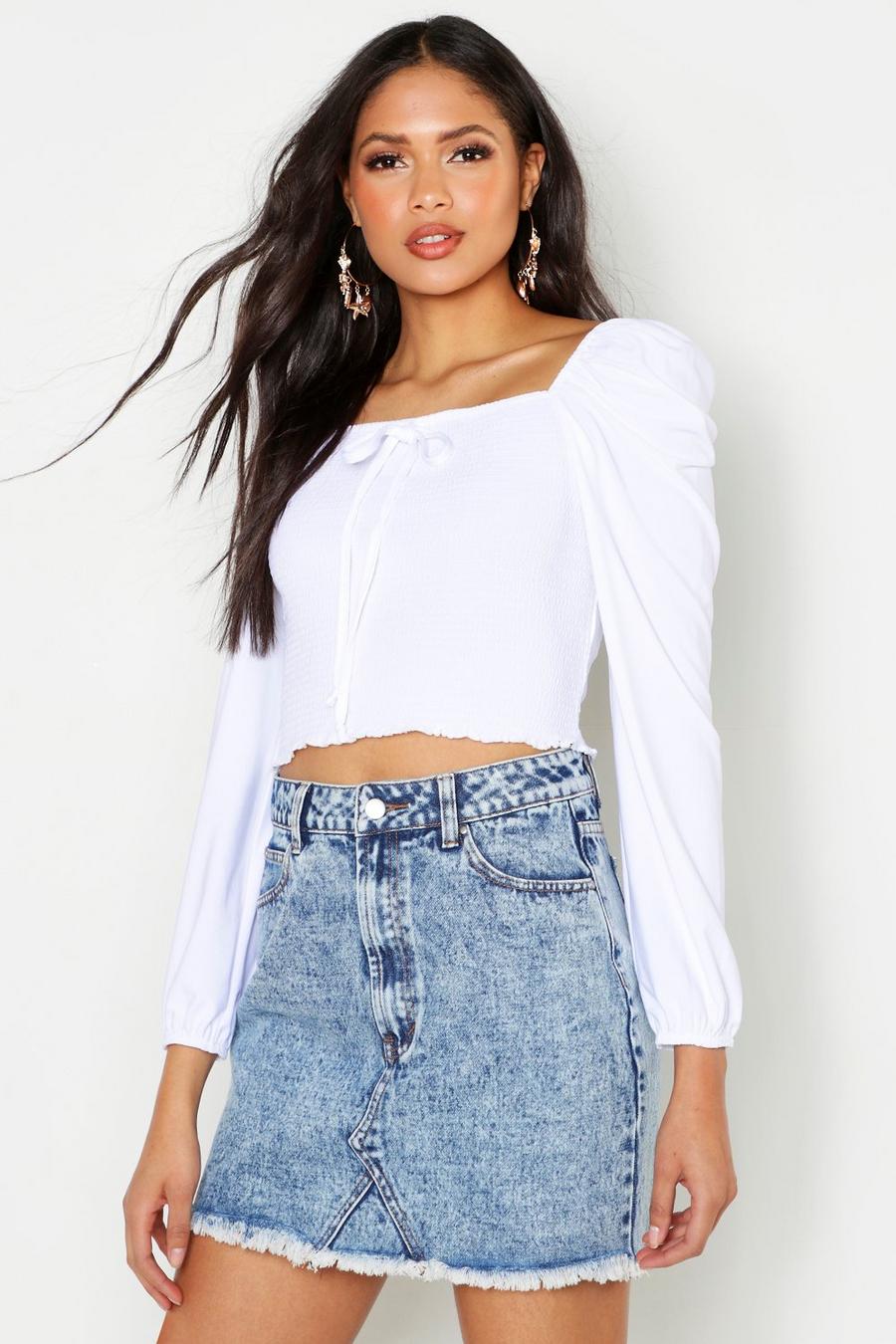 Tall Shirred Off The Shoulder Peasant Crop Top image number 1