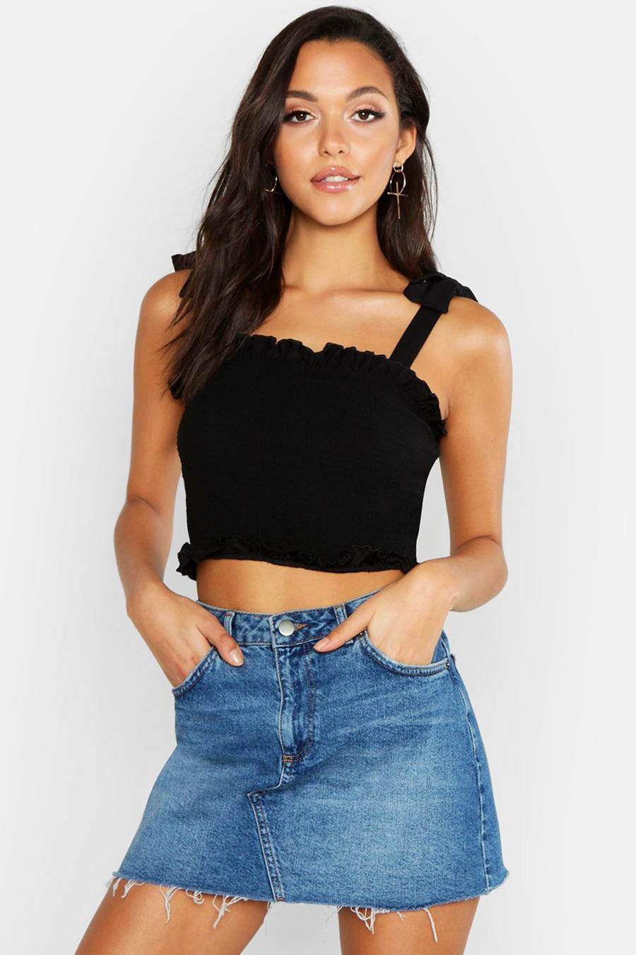 Black Tall Shirred Tie Strap Crop Top image number 1