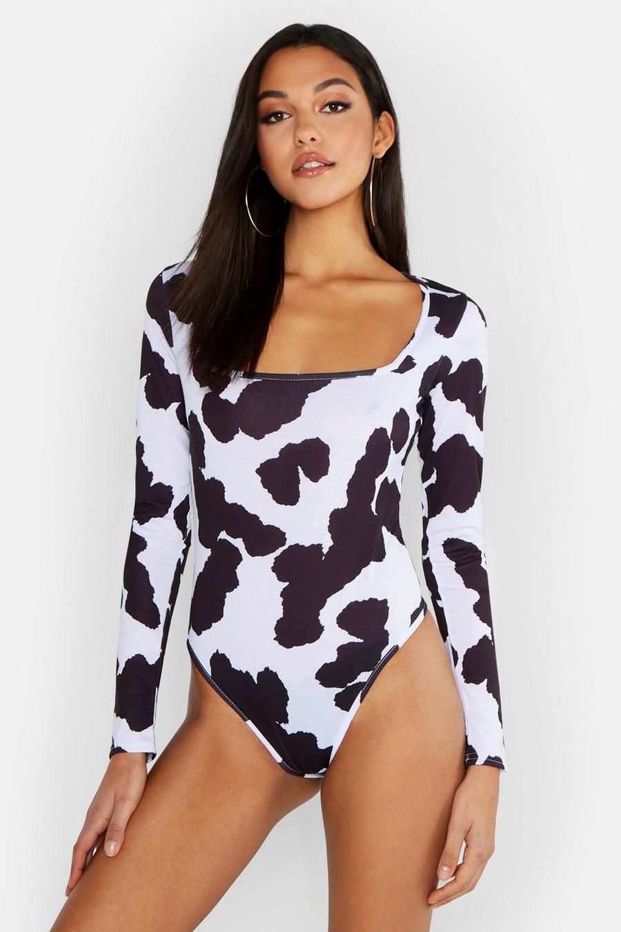 White Tall Cow Print Square Neck Bodysuit image number 1