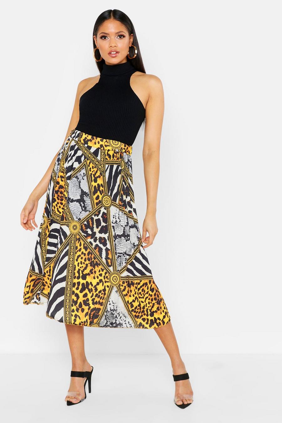 Yellow Tall Chain Print Pleated Midi Skirt image number 1