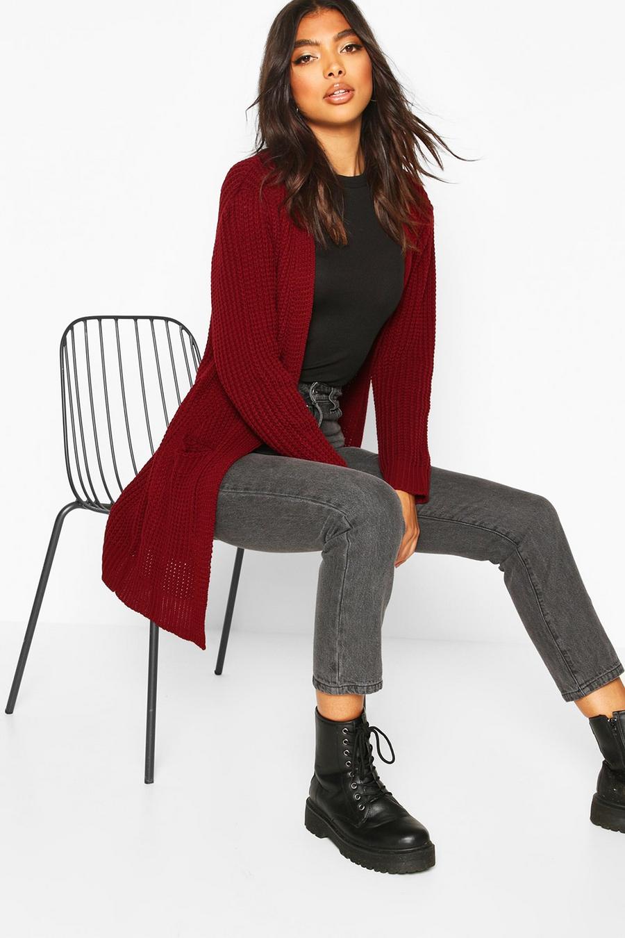 Wine Tall Chunky Cardigan With Pockets image number 1