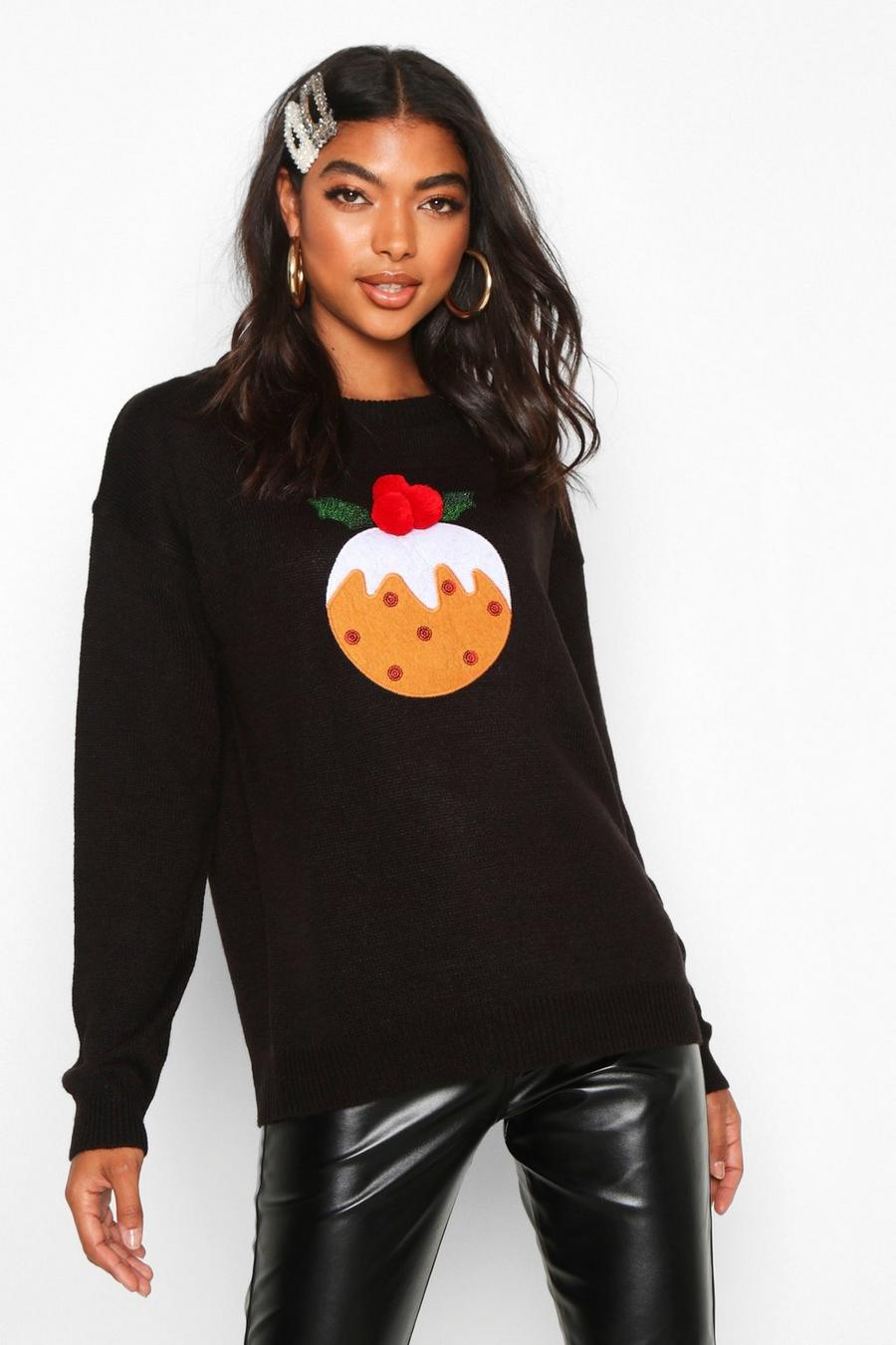 Tall Pullover mit Christmas-Pudding-Applikation und Bömmelchen, Schwarz image number 1