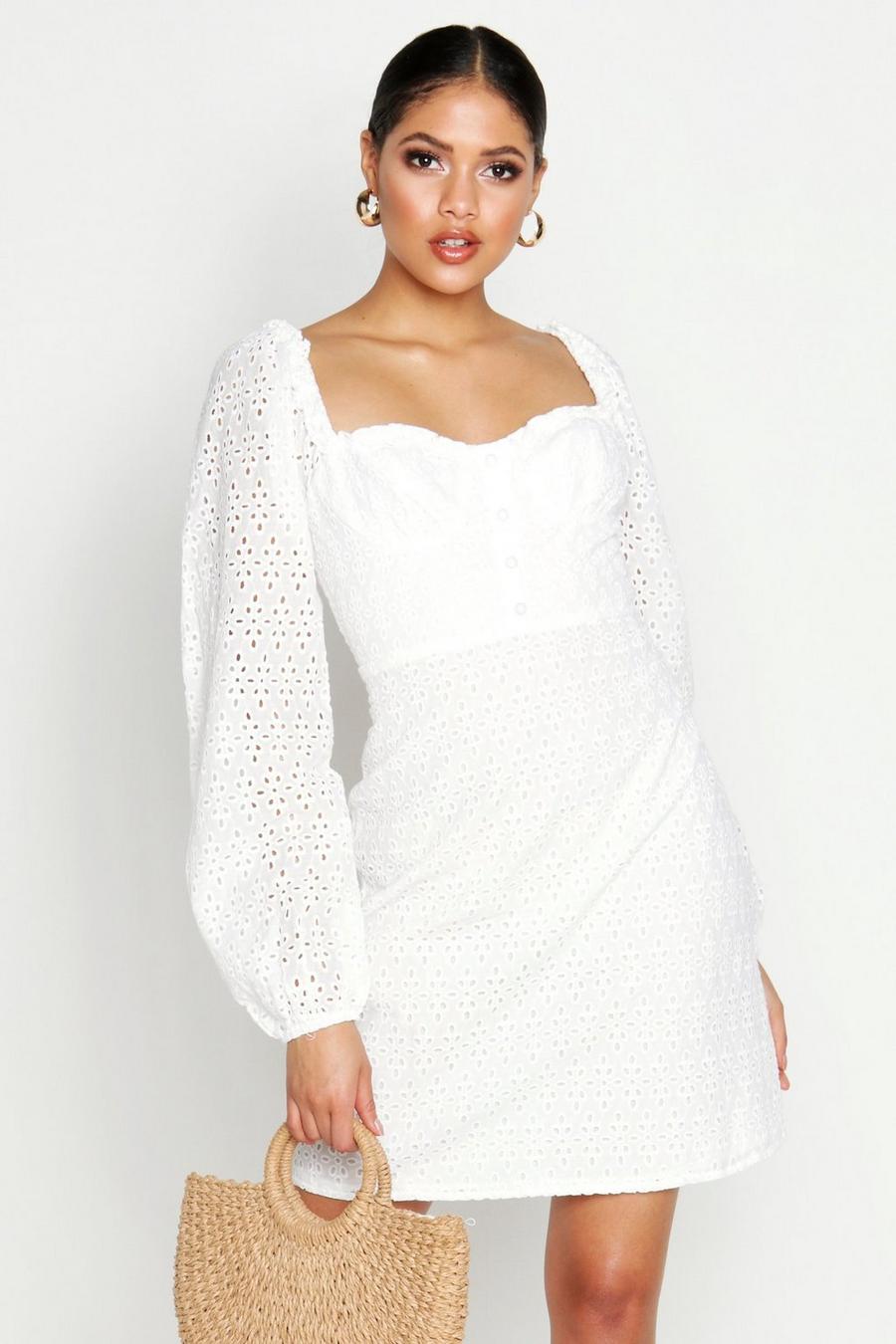 White Tall Broderie Anglaise Sweetheart Neck Mini Dress image number 1