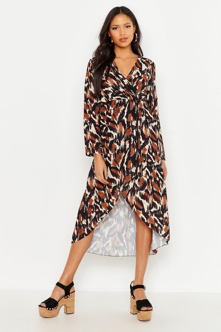 Camel Tall Abstract Print Wrap Midi Dress image number 1