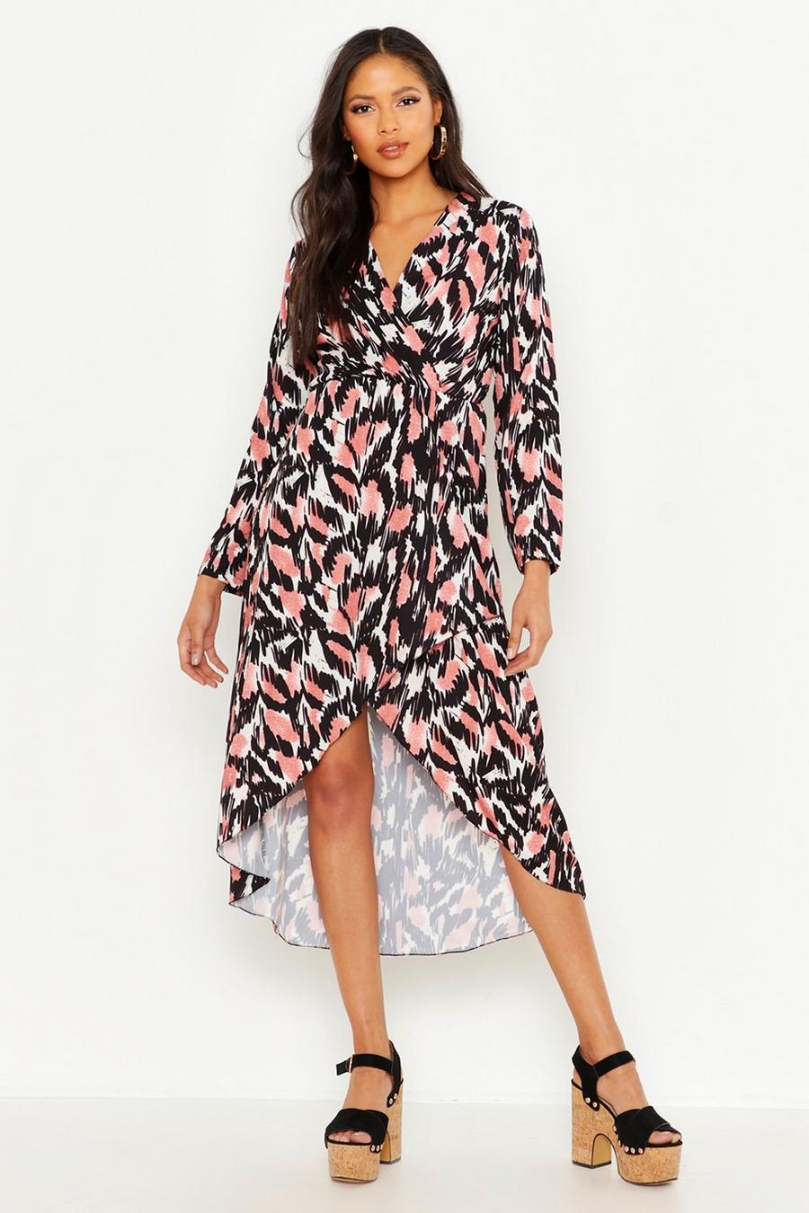 Pink Tall Abstract Print Wrap Midi Dress image number 1