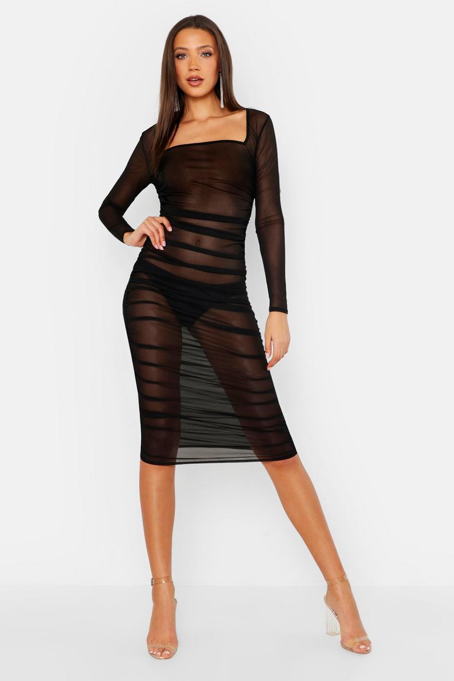 Tall Mesh Square Neck Bodycon Ruched Dress image number 1
