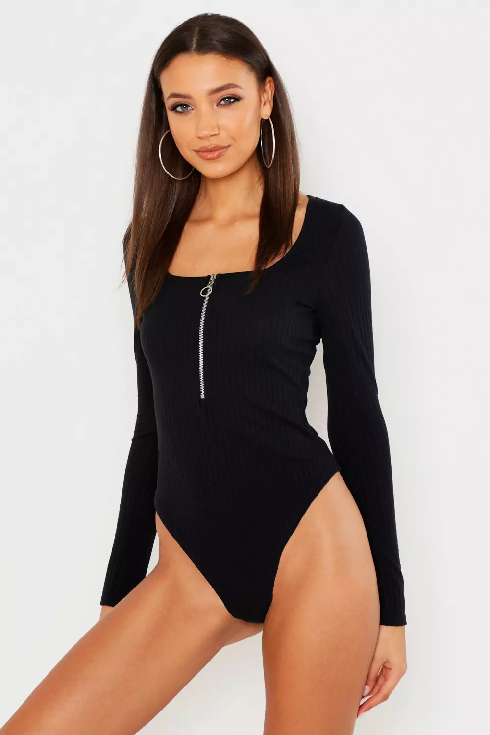 Tall Zip Front Jumbo Rib Square Neck Bodysuit Boohoo
