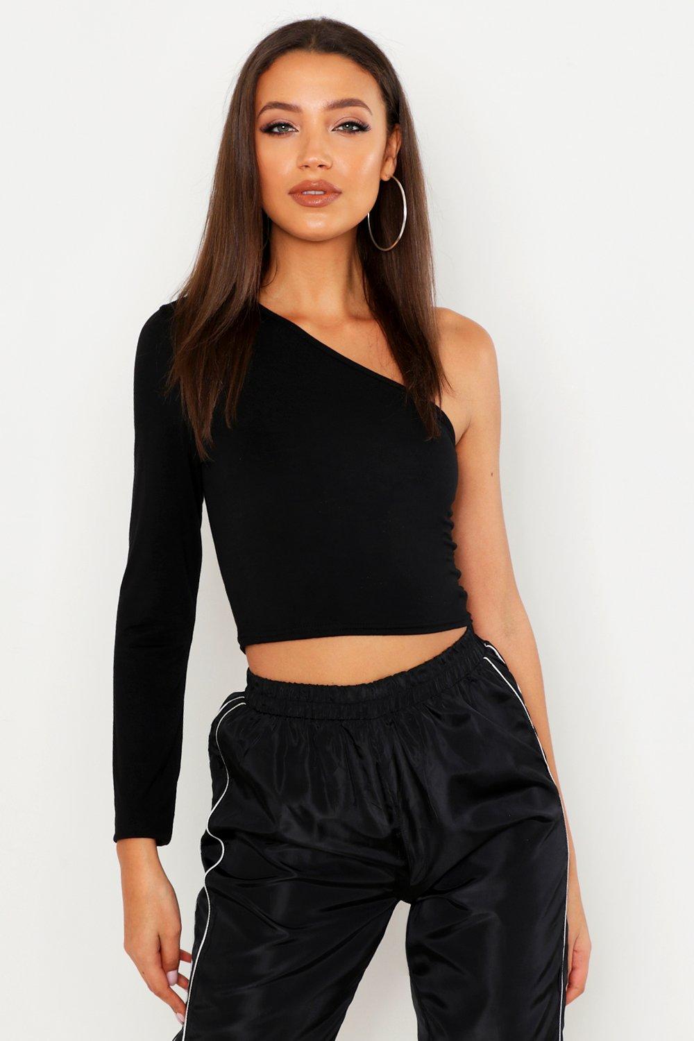 one shoulder black crop