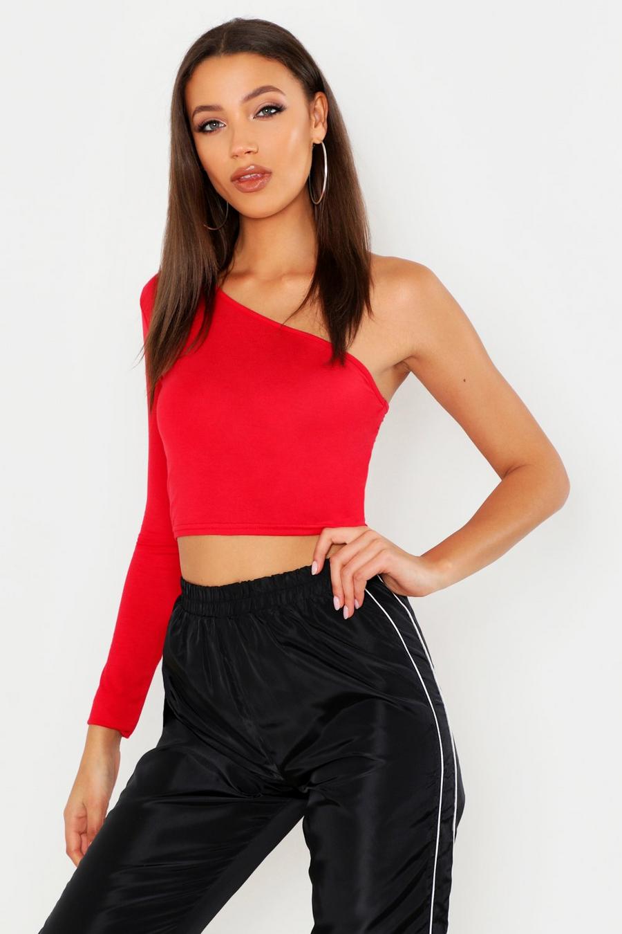 Red Tall One Shoulder Crop Top image number 1