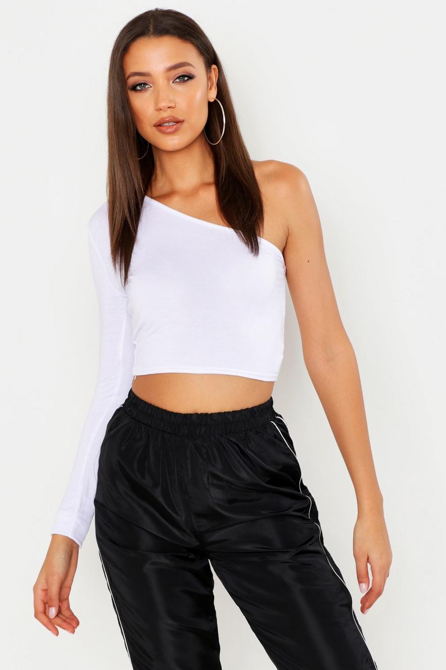 White Tall One Shoulder Crop Top image number 1