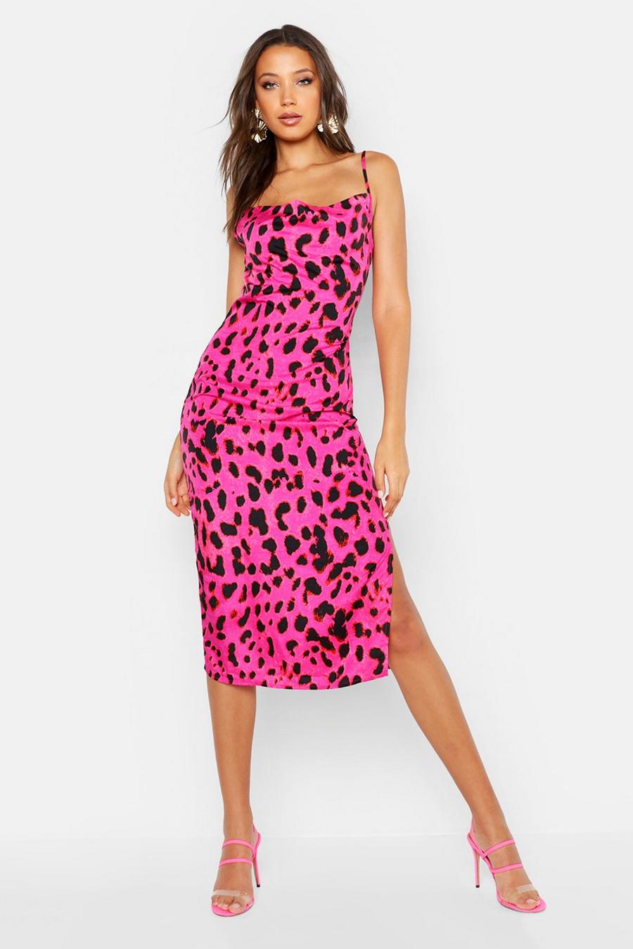 Tall midi-slip jurk met luipaardprint en hoge col image number 1