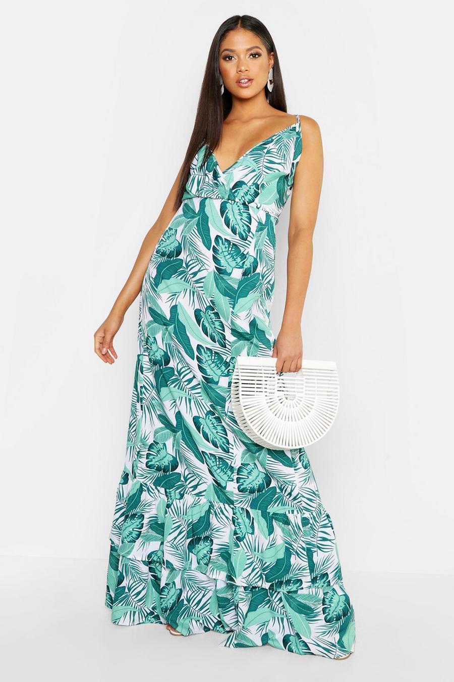 Leaf green Tall Palm Print Ruffle Hem Maxi Dress image number 1
