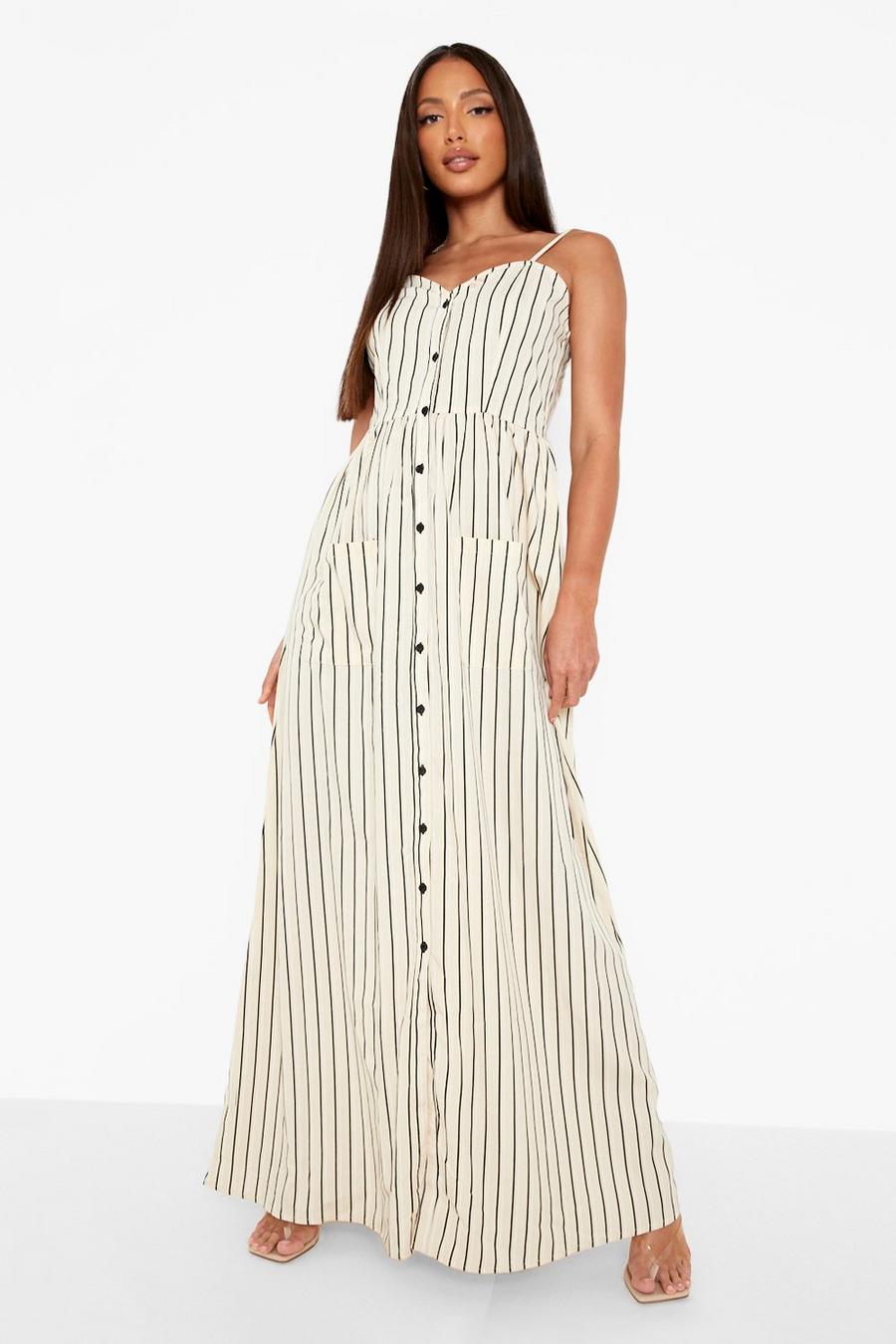 Stone beige Tall Stripe Button Up Pocket Maxi Dress image number 1